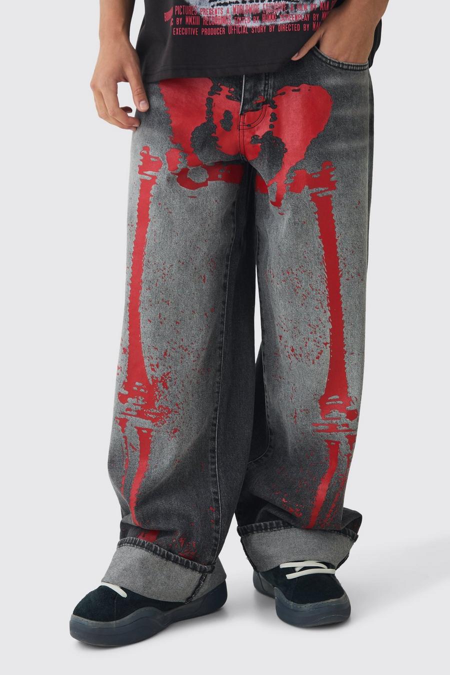 Baggy Fit Rigid Red Skeleton Printed Jeans | boohoo Baggy Fit Rigid Red Skeleton Printed Jeans | boohoo